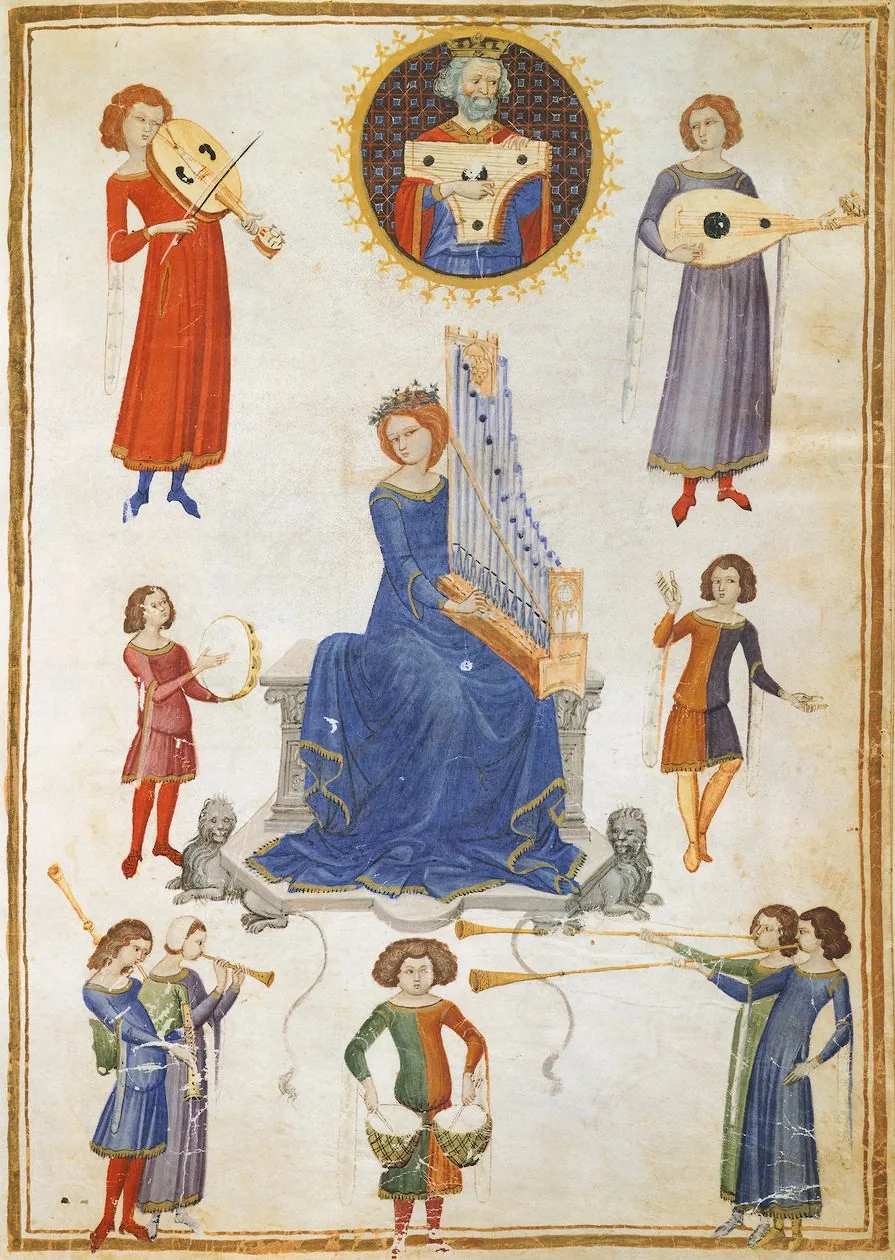 Medieval musicians in an illuminated manuscript Medieval musicians in an illuminated manuscript