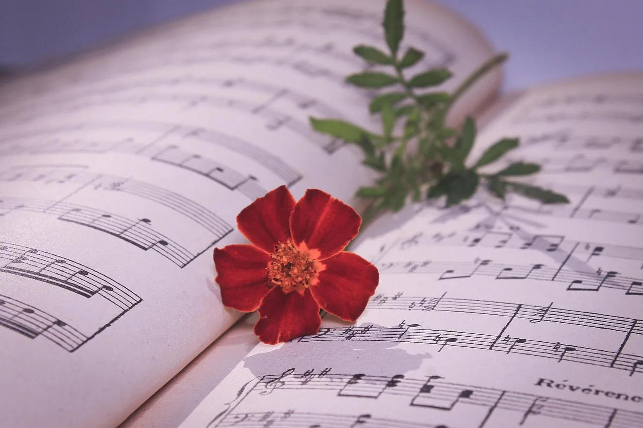 Musical score with a red flower Musical score with a red flower
