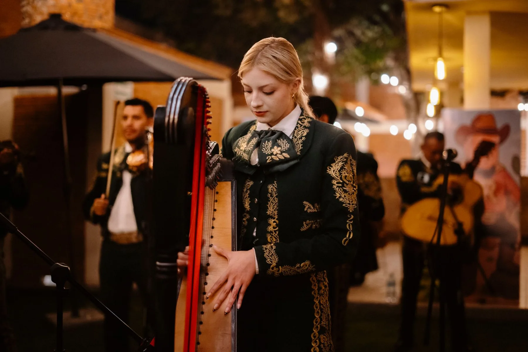 Harpist playing a large harp Harpist playing a large harp