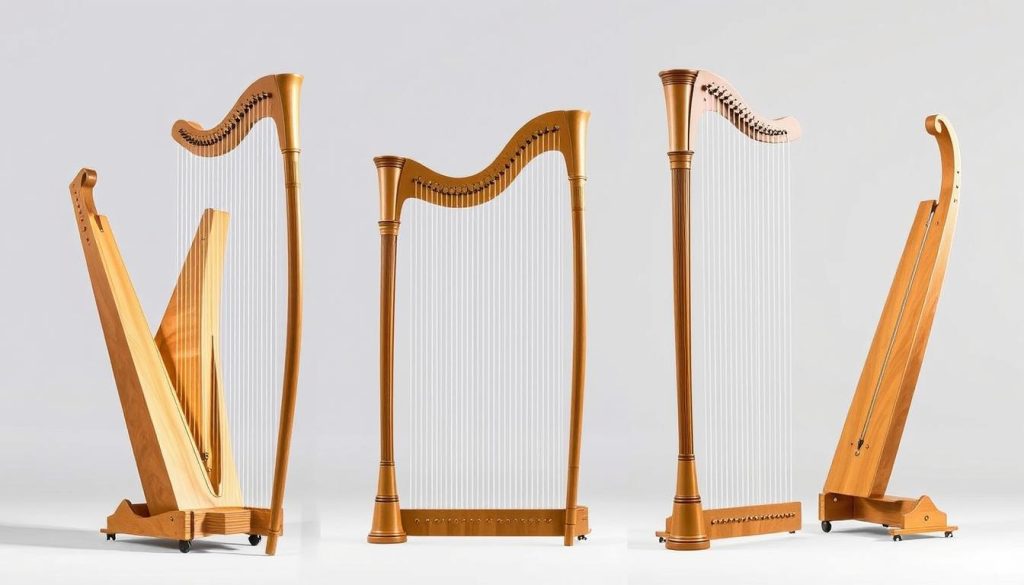 A detailed technical illustration of a modern concert harp, showcasing its exquisite craftsmanship and intricate design. The harp is positioned in a neutral, well-lit studio setting, allowing its distinctive features to take center stage. The camera captures the instrument from multiple angles, highlighting the graceful curves of the wooden frame, the precisely aligned strings, and the intricate mechanisms that control the pitch and tone. The image conveys a sense of precision, functionality, and the artistry inherent in the creation of this magnificent musical instrument.