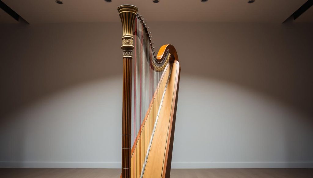 A professional concert harp stands majestically in a well-lit, airy studio space. The harp's elegant curves and gleaming strings are the focal point, accentuated by soft, directional lighting that casts subtle shadows and highlights the intricate details of the instrument. The background is a muted, minimalist setting, allowing the harp to be the center of attention. The overall mood is one of refined simplicity, showcasing the beauty and craftsmanship of this professional-grade musical instrument.