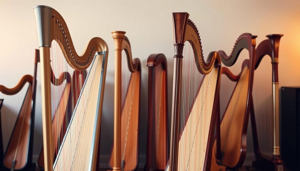 A stunning arrangement of concert harps, each showcasing its unique design and tonal qualities. In the foreground, a sleek, modern harp with a polished, chrome-like finish gleams under warm, focused lighting, capturing its elegant silhouette. In the middle ground, several traditional wooden harps in varying shades of brown and gold stand in a tasteful, symmetrical display, highlighting their intricate craftsmanship. The background features a softly blurred, ethereal backdrop, allowing the harps to take center stage. The overall composition conveys a sense of refinement, precision, and the beauty of these musical instruments, inviting the viewer to explore and appreciate the diverse selection of concert harps.