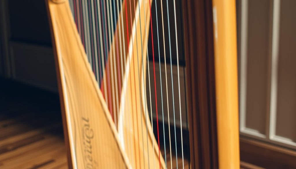 a detailed close-up shot of a concert harp, elegantly positioned on a wooden stage with soft, warm lighting illuminating the intricate details of the instrument. The harp's golden-brown wood grain is accentuated, and the strings are taut and glistening. The scene conveys a sense of reverence and care, as if captured during a moment of instrument maintenance or inspection. The background is blurred, placing the focus entirely on the harp and its delicate construction. The overall mood is one of tranquility and appreciation for the craftsmanship of this musical instrument.