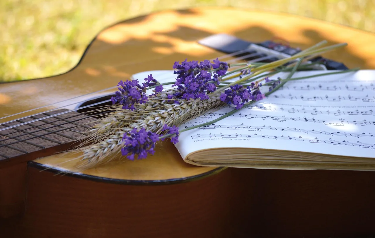 sheet music on an acoustic guitar sheet music on an acoustic guitar