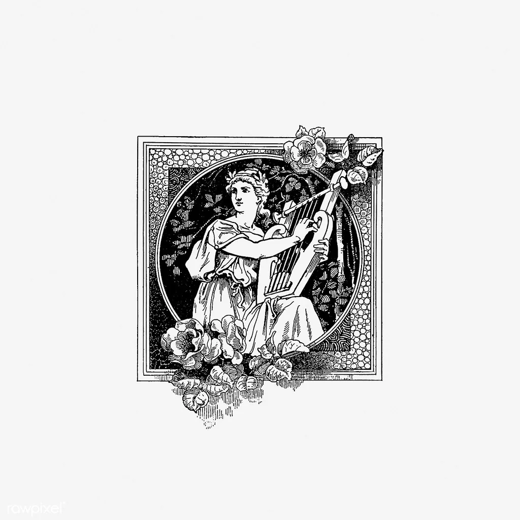 old illustration of a harp player old illustration of a harp player
