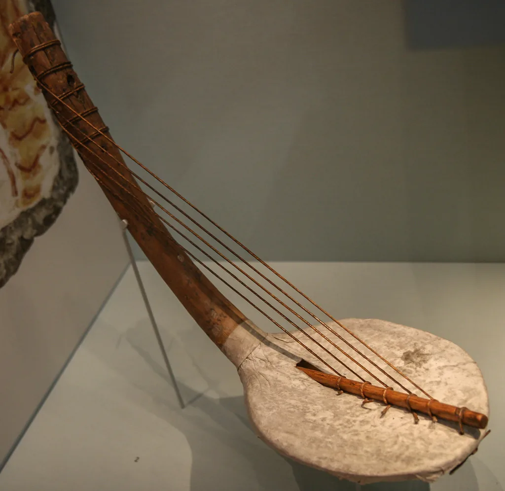 ancient harp displayed in a museum