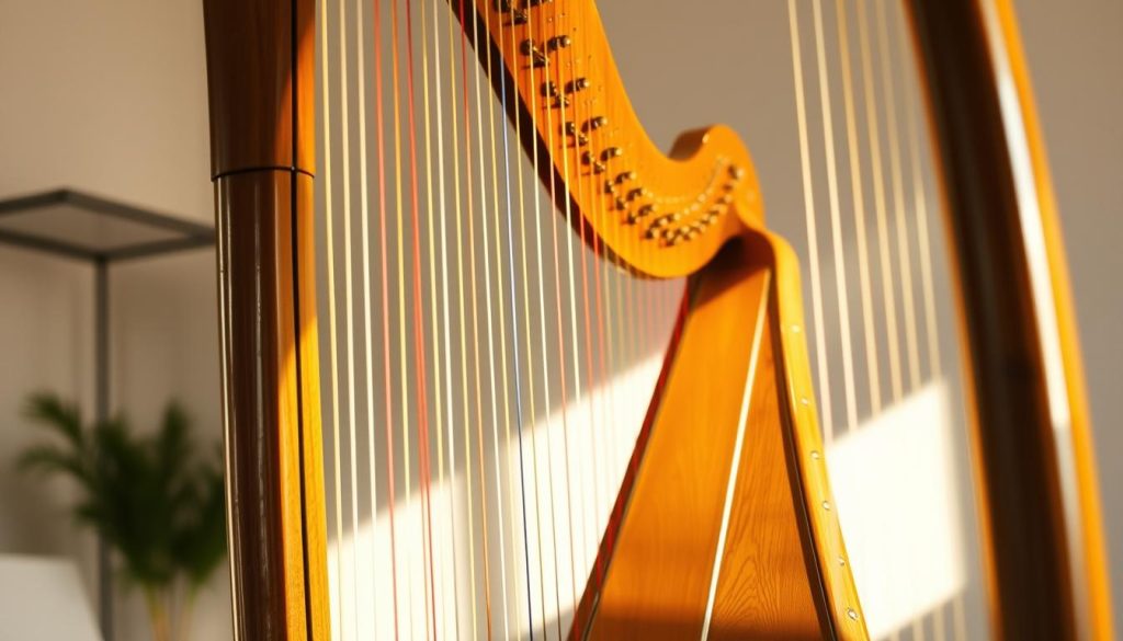 A beautifully detailed chromatic harp, its polished wood and golden strings glistening under warm, natural lighting. The harp is positioned prominently in the foreground, with a blurred, softly-lit background showcasing a serene, minimalist studio setting. The angle highlights the harp's graceful curves and intricate design, inviting the viewer to imagine the soothing melodies it can produce. The overall scene conveys a sense of harmony, inspiration, and the tactile pleasure of playing this magnificent instrument.