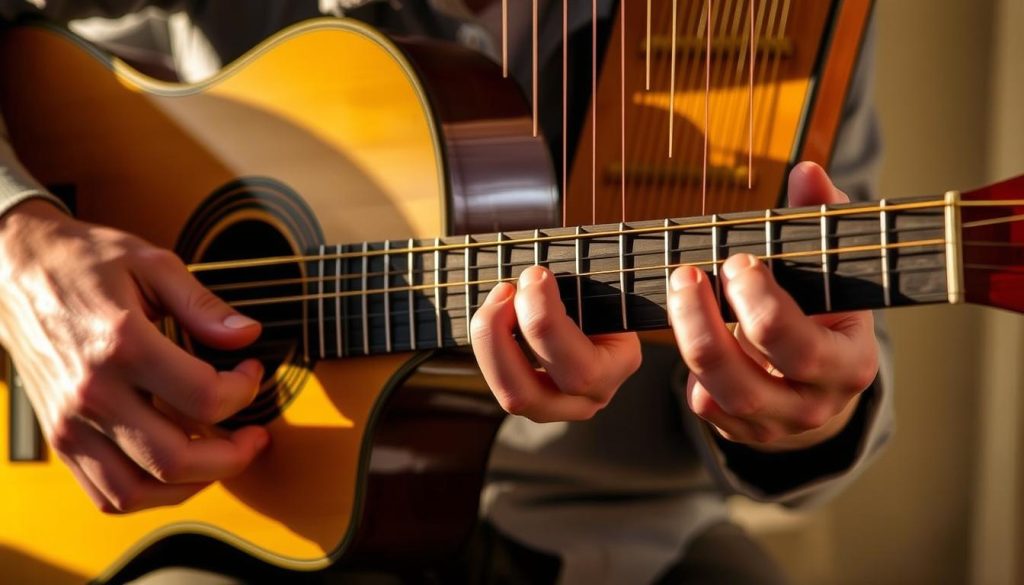 A close-up view of a guitarist's hands skillfully playing a hybrid guitar-harp instrument, with intricate fingering techniques on the strings. The instrument's unique design, combining the resonance of a harp with the expressiveness of a guitar, is illuminated by warm, natural lighting, capturing the artistry and craftsmanship involved. The image conveys a sense of focus, concentration, and the harmonious blending of different musical traditions, reflecting the section title "Techniques de jeu et styles musicaux adaptés".