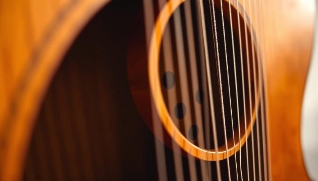 A close-up view of the intricate sound box of a guitar-harp hybrid instrument. The resonance chamber is crafted with precision, its elegant curves and wooden grains visible in warm, directional lighting. The delicate sound holes and intricate bracing patterns are captured in striking detail, highlighting the instrument's unique hybrid design. A sense of craftsmanship and attention to acoustic engineering pervades the image, inviting the viewer to appreciate the technical sophistication behind this captivating musical hybrid.