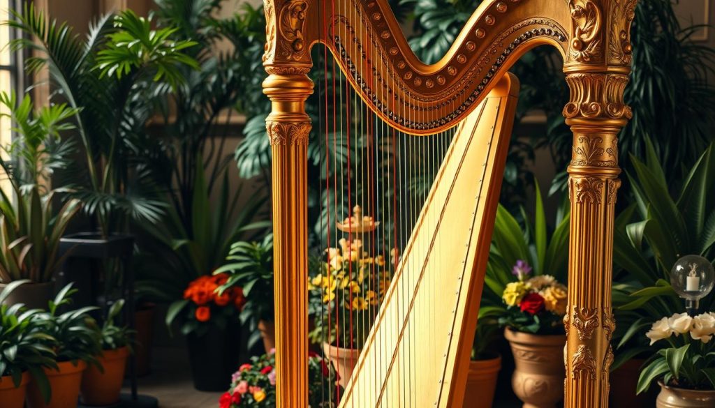 A grand, ornate harp stands proudly, its intricate golden frame and shimmering chrome strings illuminated by warm, soft lighting. The harp's body is elegantly carved, each detail meticulously crafted. Surrounding the harp, a lush, verdant backdrop of potted plants and floral arrangements creates a serene, classical atmosphere. The scene is captured from a slightly elevated, angled perspective, emphasizing the harp's majestic presence and the harmonious interplay of light and shadow. This image evokes the rich, chromatic repertoire that the versatile instrument is capable of delivering, perfectly complementing the subject of the article.