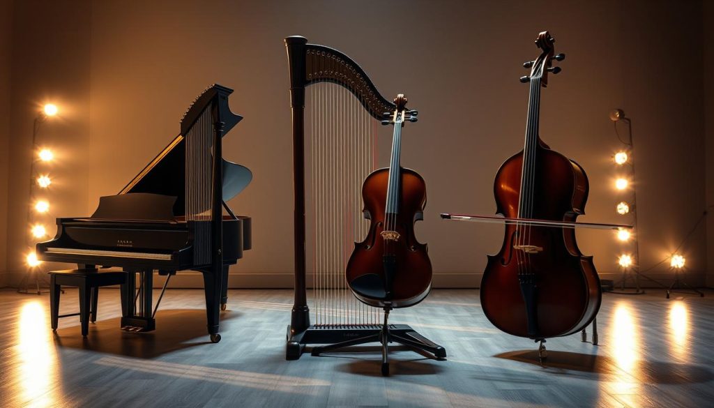 A sophisticated comparison of hybrid musical instruments, including a grand piano-harp fusion, a violin-cello hybrid, and an avant-garde electronic-acoustic fusion. The scene is bathed in warm, ambient lighting, casting a contemplative, introspective mood. The instruments are arranged in a balanced, harmonious composition, inviting the viewer to appreciate their unique designs and tonal qualities. The focus is clear, with a shallow depth of field that draws the eye to the central instruments. The overall atmosphere conveys a sense of exploration and discovery, reflecting the fascination with these captivating hybrid creations.