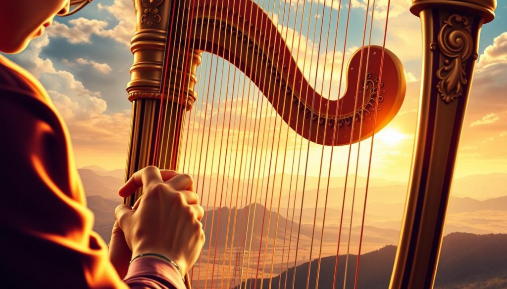 A vibrant, detailed illustration of the chromatic harp's captivating history. In the foreground, a skilled harpist delicately plucks the strings, fingers gliding with graceful precision. The middle ground showcases the harp's elegant, intricate design, its golden frame and shimmering strings capturing the light. In the background, a majestic, timeless landscape unfolds, evoking the rich cultural heritage and evolution of this cherished musical instrument. Soft, warm lighting bathes the scene, creating an atmosphere of reverence and artistry. The composition conveys the harmony, virtuosity, and timeless allure of the chromatic harp, a symbol of musical excellence and cultural legacy.