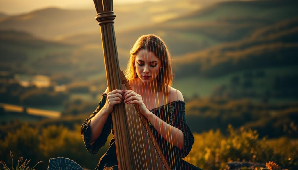 A breathtaking performance of Celtic harp, illuminated by soft, warm lighting that casts a golden glow over the musician's hands as they effortlessly pluck the strings. The harpist, dressed in traditional Celtic attire, sits center frame, their expression serene and focused. The background is a tapestry of lush, verdant landscapes, with rolling hills and distant forests, evoking the rich cultural heritage of Celtic music. The composition is balanced, drawing the viewer's attention to the skilled performance at the heart of the scene. The overall mood is one of tranquility, elegance, and deep artistic expression.