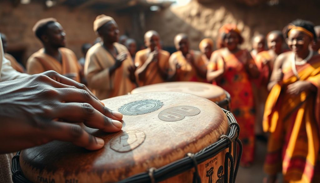 A close-up view of skilled hands striking the surface of a traditional African djembé drum, focusing on the rhythm and technique of "techniques frappe." The foreground features detailed views of the hands, emphasizing the different striking techniques: fingers, palms, and fingertips delivering vibrant, resonant beats. The middle ground includes the beautifully carved djembé, showcasing intricate patterns that tell stories of West African culture. In the background, a soft-focus group of musicians and dancers in modest, colorful clothing are engaged in a lively ceremony, their expressions filled with joy and concentration. The scene is illuminated by warm, natural light, creating a rich atmosphere that reflects the communal spirit and musical heritage of West Africa. The angle is slightly tilted upward, giving a dynamic perspective to the performance.