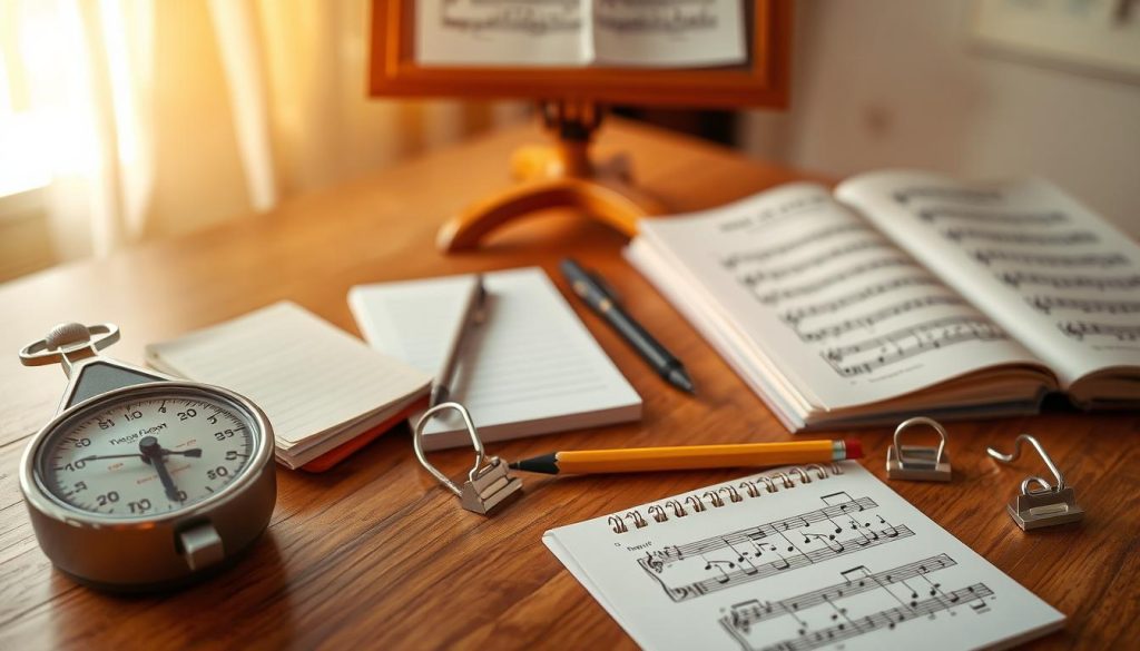 A composition of various musical notation tools arranged on a wooden table, bathed in warm, soft lighting. In the foreground, a metronome, a tuning fork, and a set of music theory flashcards. In the middle ground, a music staff notebook, a pencil, and a pair of sheet music clips. In the background, a music stand and a well-worn music theory textbook. The scene conveys a sense of focused study and the essential tools needed to effectively learn solfège.