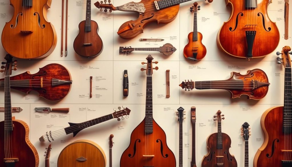 A detailed and technical illustration of various plucked string instruments, arranged in a visually striking and informative layout. The instruments are depicted with meticulous accuracy, highlighting their distinct shapes, construction, and playing mechanisms. The image is captured with a crisp, high-resolution lens, bathed in warm, directional lighting that emphasizes the textures and contours of the instruments. The overall composition is balanced and symmetrical, guiding the viewer's eye through the classification system in a clear and organized manner. The mood is one of scholarly interest and appreciation for the diversity of plucked string instruments.