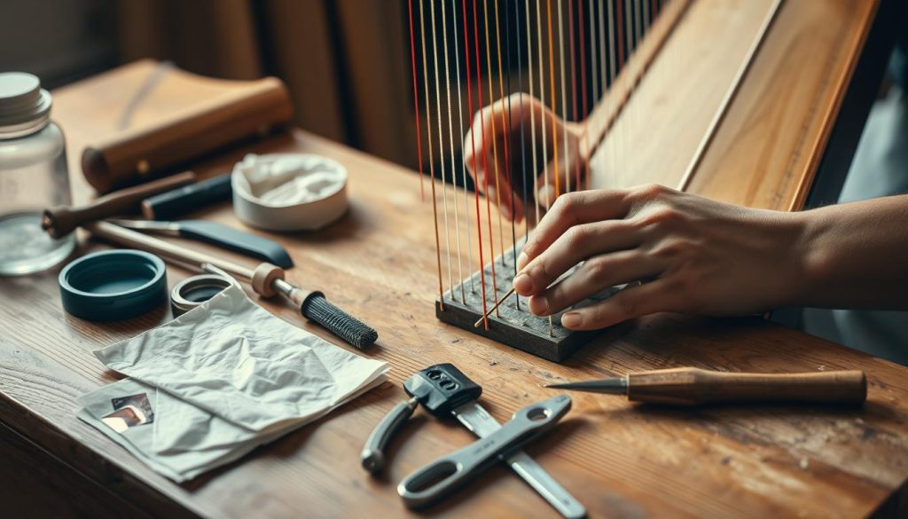 A detailed close-up shot of a harp being meticulously maintained, with various maintenance tools and materials neatly arranged on a wooden surface. The harp strings are being delicately tuned, the wood polished to a soft sheen, and the craftsperson's hands carefully tending to each component. The lighting is soft and warm, creating a serene, meditative atmosphere. The composition emphasizes the care and attention required to keep a harp in optimal playing condition, reflecting the importance of proper maintenance for this elegant musical instrument.