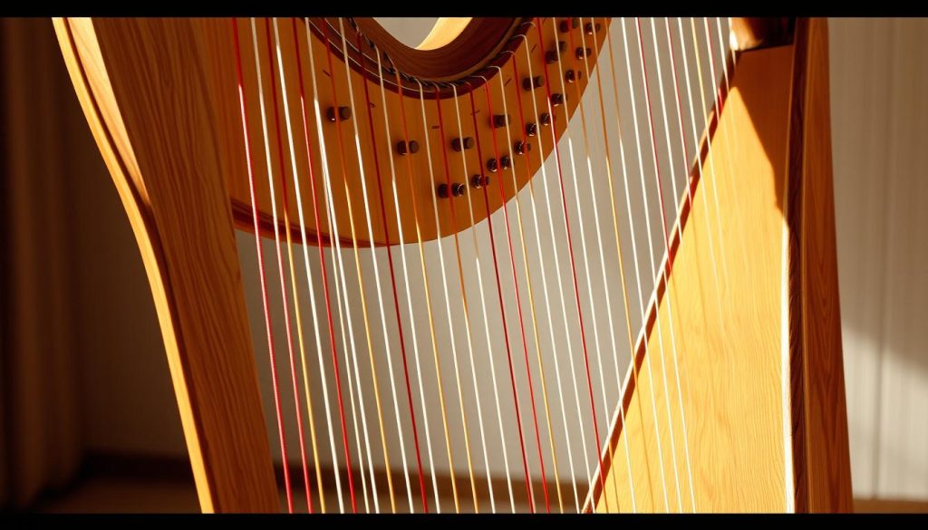 A detailed, high-resolution image of the intricate internal structure and mechanics of a concert harp. Showcase the graceful wooden frame, the elegant curves of the soundbox, and the delicate arrangement of strings and tuning pegs. Render the harp in warm, natural lighting, with a focus on the interplay of light and shadow that highlights the harp's complex yet beautiful design. Convey a sense of the harp's unique engineering and craftsmanship, emphasizing its status as a remarkable musical instrument. Capture the harp's distinctive silhouette from a slightly elevated perspective to provide an insightful, technical view of this one-of-a-kind string instrument.