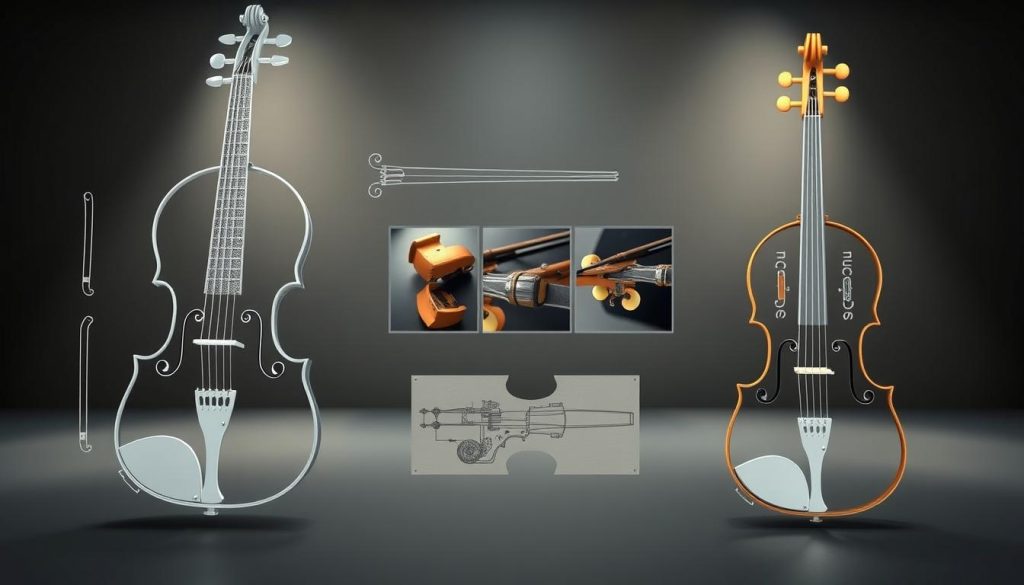 A detailed technical illustration of the essential components of string instruments, showcasing their intricate construction and design. In the foreground, a precise diagram depicting the various parts of a violin, cello, or other stringed instrument, rendered with crisp, technical accuracy. In the middle ground, a series of close-up shots highlighting the materials, shapes, and mechanisms that contribute to the unique tonal qualities of each instrument. The background features a subtle, muted environment that allows the technical details to take center stage, with carefully considered lighting to emphasize the interplay of form and function. The overall mood is one of reverence and appreciation for the engineering prowess that underpins the musical artistry of string instruments.