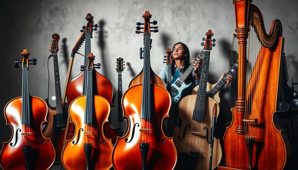 A diverse ensemble of stringed instruments set against a dynamic musical backdrop. In the foreground, a classical violin, a warm-toned cello, and a graceful harp take center stage, their players' skilled hands coaxing rich, emotive melodies. In the middle ground, a jazz double bass and an electric guitar add rhythmic layers, while in the background, a traditional sitar and a contemporary electronic string synthesizer hint at the broad spectrum of musical genres. Soft, directional lighting casts dramatic shadows, evoking the depth and complexity of the stringed instrument's role across cultures and time periods.