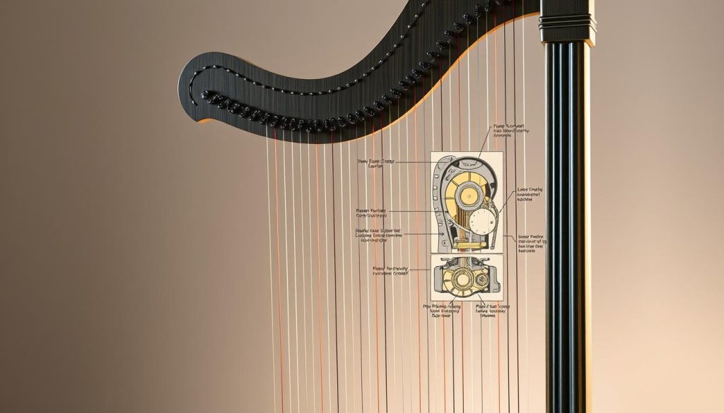 A technical diagram of the intricate components of a classical concert harp, illuminated by soft, diffused studio lighting. The foreground showcases the distinctive frame, strings, and pedal mechanism in striking detail. The middle ground features labeled cross-sections highlighting the internal structure, materials, and craftsmanship. The background subtly blurs into a neutral, muted tone, allowing the technical details to take center stage. The overall composition conveys a sense of precision, elegance, and the artistry inherent in harp construction.