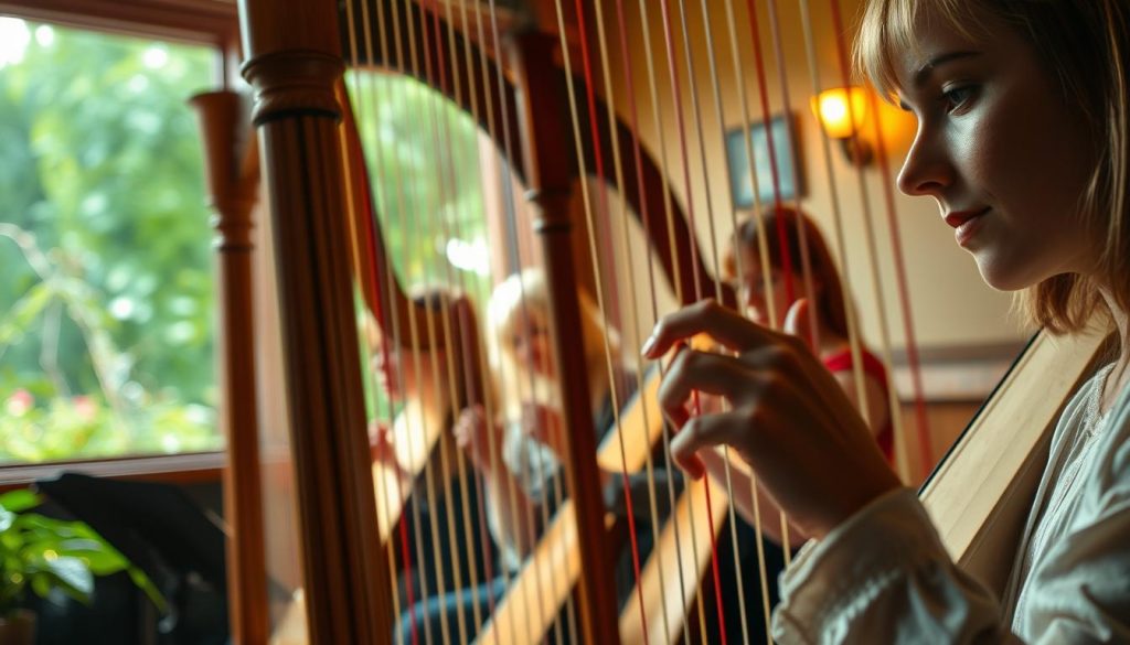 A tranquil setting with several harpists, each captured in a moment of deep concentration as they weave their musical magic. The foreground features a close-up of a harpist's hands dancing gracefully across the strings, illuminated by soft, natural lighting. In the middle ground, additional harpists are seated, their expressions serene as they play. The background showcases a warm, inviting environment, perhaps a cozy performance venue or a lush, verdant garden, setting the stage for this captivating display of musical artistry. The overall atmosphere is one of peaceful introspection, allowing the viewer to fully immerse themselves in the harpists' evocative testimonies.