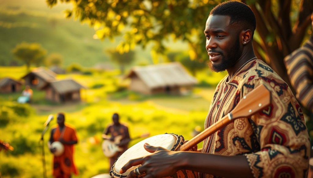 A vibrant and culturally rich scene showcasing the origins of the djembé in West Africa. In the foreground, a skilled male drummer plays a beautifully crafted djembé, his expressive face illuminated by soft, warm lighting that captures the rhythm of the moment. He wears traditional Mandingue attire, adorned with intricate patterns. In the middle ground, a small group of musicians accompany him with various West African instruments, creating a lively atmosphere. The background features lush green landscapes typical of West Africa, dotted with traditional huts that illustrate the cultural heritage. The scene is bathed in golden hour light, enhancing the warm, inviting mood, with a shallow focus that draws attention to the drumming action while softly blurring the details in the background.