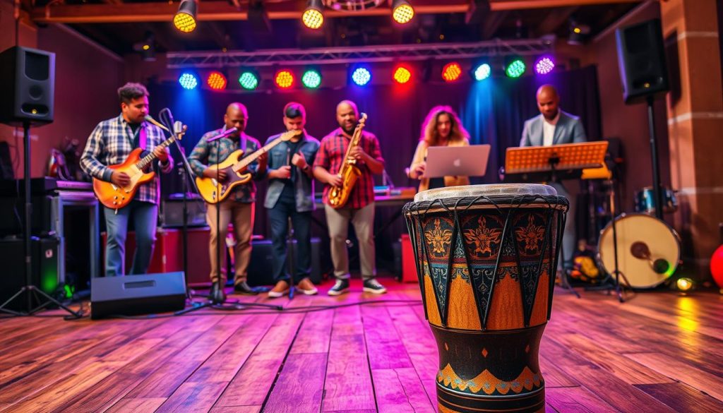 A vibrant and dynamic scene showcasing various musical genres, prominently featuring a djembé in the foreground. The djembé is beautifully crafted with intricate patterns, set on a rustic wooden floor. In the middle ground, musicians of diverse backgrounds are passionately playing a mix of instruments, including a guitar, saxophone, and electronic keyboard, representing genres such as jazz, folk, and world music. The atmosphere is lively and energetic, with colorful lights illuminating the scene, creating a festive ambiance. In the background, subtle hints of a stage with speakers and musical notes floating in the air enhance the musical theme. The lighting is warm and inviting, focusing on the musicians while softly blending into the background, evoking feelings of unity and celebration in music.