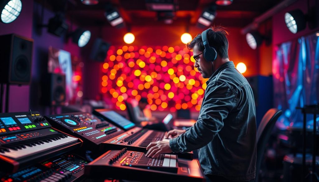 A vibrant electronic music studio, with an array of digital sound equipment and synthesizers prominently displayed in the foreground. In the middle ground, a skilled sound engineer, dressed in casual professional attire, is focused on adjusting sound levels on a mixing console, emphasizing the integration of traditional percussion with electronic sounds. The background features colorful LED lights casting a radiant glow, reflecting a lively atmosphere of creativity and innovation. Soft bokeh lights blur in the distance, creating depth. The lighting is dynamic and colorful, evoking a sense of musical energy and inspiration, suitable for showcasing the fusion of electronic music with percussion instruments.