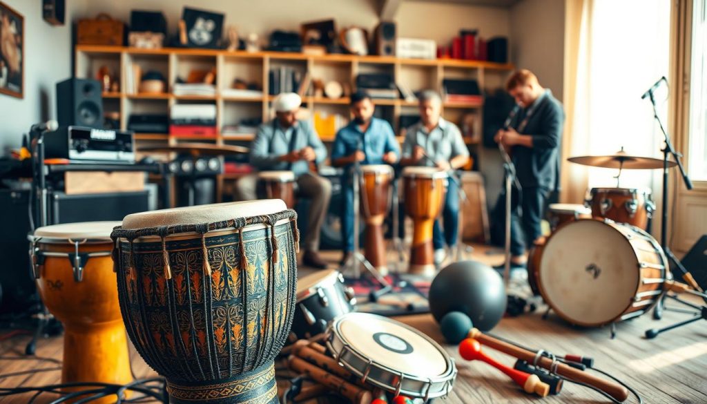 A vibrant scene showcasing a variety of musical instruments associated with a djembé ensemble. In the foreground, a beautifully crafted djembé drum, intricately designed with traditional motifs, sits prominently. Surrounding it are other percussion instruments like tambourines and maracas, creating an inviting atmosphere. In the middle ground, a small group of musicians, depicted in modest casual clothing, energetically playing their instruments, including a djembe, conga drums, and a cajón, suggests a lively rehearsal environment. The background features a softly lit music studio with shelves of instruments and sound equipment, enhancing the creative vibe. Warm, natural lighting casts gentle highlights on the instruments, creating a sense of warmth and community in the music-making process.