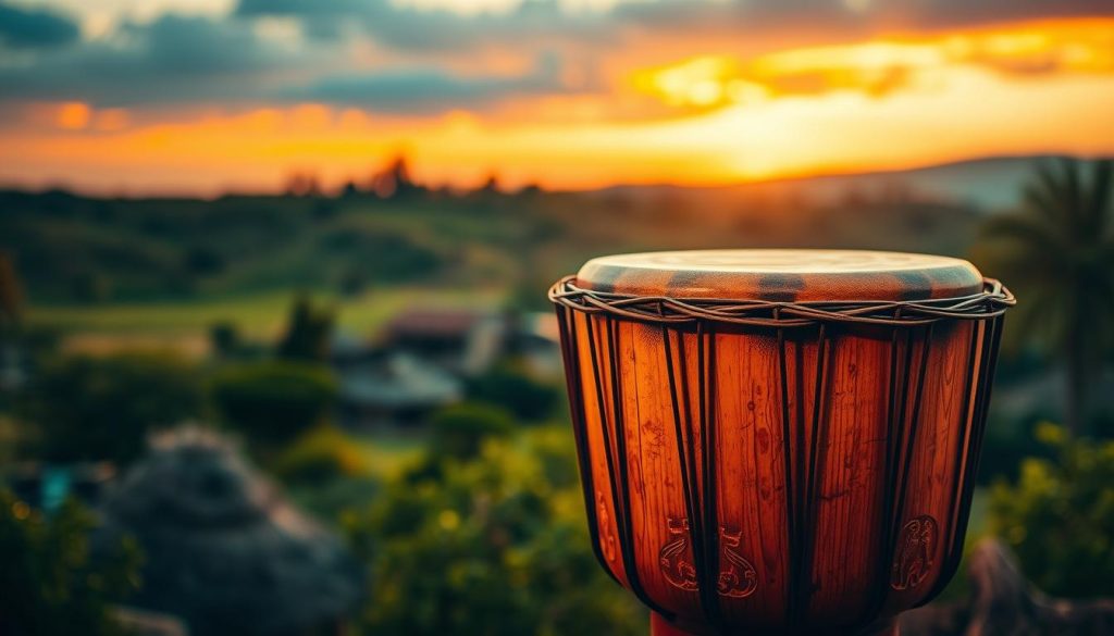 An artistic representation of a traditional djembé drum, crafted from warm-toned wood with intricate carvings, placed prominently in the foreground. Surrounding the djembé, a soft, illuminated ambiance creates an inviting atmosphere, with shadows gently accentuating the drum's texture. In the middle ground, a blurred scene of lush greenery and an African village hints at the cultural origins of the instrument, enhancing the sense of place without detracting from the djembé itself. The background should feature a colorful sunset sky, casting golden hues that evoke a sense of rhythm and warmth. The image is captured with a shallow depth of field, emphasizing the djembé while maintaining a soft focus on the landscape. The overall mood is harmonious and celebratory, inviting viewers to connect with the essence of the djembé and its significance in music and culture. An artistic representation of a traditional djembé drum, crafted from warm-toned wood with intricate carvings, placed prominently in the foreground. Surrounding the djembé, a soft, illuminated ambiance creates an inviting atmosphere, with shadows gently accentuating the drum's texture. In the middle ground, a blurred scene of lush greenery and an African village hints at the cultural origins of the instrument, enhancing the sense of place without detracting from the djembé itself. The background should feature a colorful sunset sky, casting golden hues that evoke a sense of rhythm and warmth. The image is captured with a shallow depth of field, emphasizing the djembé while maintaining a soft focus on the landscape. The overall mood is harmonious and celebratory, inviting viewers to connect with the essence of the djembé and its significance in music and culture.