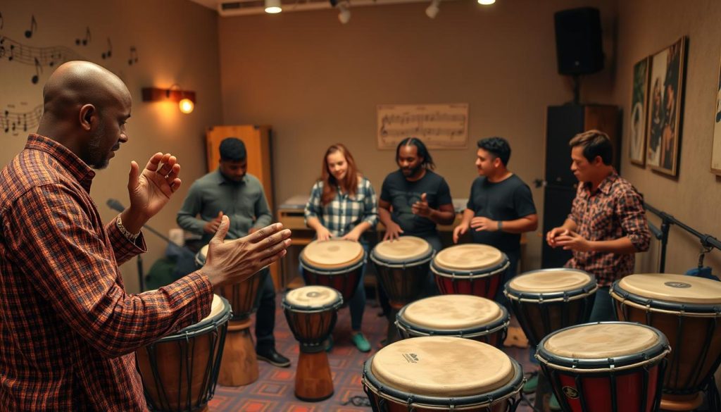 An engaging, educational scene depicting a diverse group of musicians gathered in a rehearsal space, intimately focused on playing the djembé. In the foreground, a skilled musician showcases various hand techniques, demonstrating the proper ways to strike the drum, with attention to body posture and hand placement. The middle of the image features a diverse ensemble, consisting of four musicians of different ethnicities, practicing together, emphasizing collaboration and shared learning. The background shows a cozy studio environment, adorned with musical notes, warm lighting casting a soft glow, and djembés of various sizes. The atmosphere is lively yet focused, capturing the essence of rhythmic learning and community, ideal for illustrating the concept of vocabulary and techniques in djembé playing.