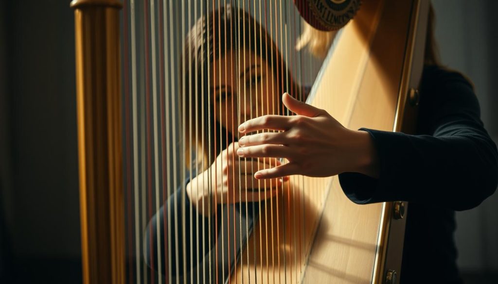 Detailed portrait of a harpist exploring alternative playing techniques. A skilled musician sits centered, hands gracefully positioned on the instrument's strings, experimenting with unorthodox finger placements and plucking motions. The harp's intricate golden frame fills the mid-ground, partially obscured by soft, diffused lighting that casts warm shadows across the scene. In the background, a blurred, atmospheric studio environment suggests a contemplative, creative atmosphere conducive to musical discovery and innovation. Subtle textures and muted tones evoke a sense of focus and concentration as the harpist seeks new methods to produce rich, resonant tones from their instrument.