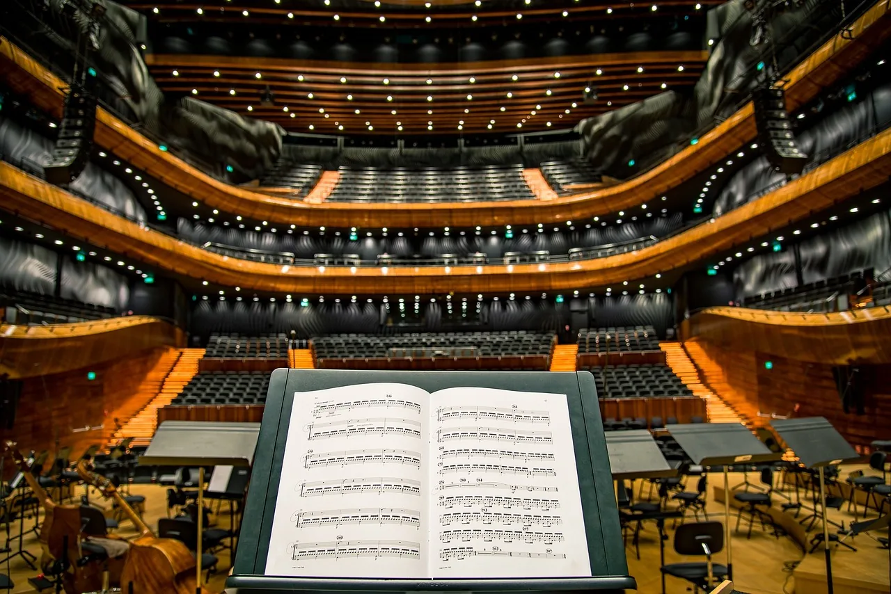 Sheet music on a music stand in a concert hall Sheet music on a music stand in a concert hall