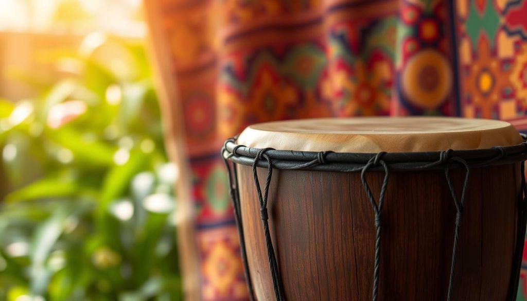 A beautifully crafted 14-inch djembé drum takes center stage in the foreground, showcasing its rich, dark wood grain and intricate carvings that reflect traditional African artistry. The drum's taut goat skin head gleams softly under warm, diffused natural lighting, emphasizing its texture and craftsmanship. In the middle ground, hints of a vibrant fabric backdrop, perhaps a colorful African print, provide cultural context without distracting from the djembé. The background is blurred, featuring an outdoor setting with lush greenery that adds a sense of tranquility and connection to nature. The overall mood is inviting and warm, celebrating the spirit of percussion music. The composition should be captured with a shallow depth of field, ensuring the drum is the focal point, creating an atmosphere of appreciation and respect for this essential music instrument.
