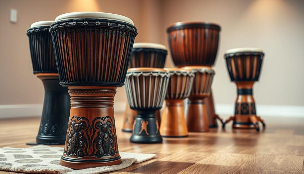 A beautifully crafted djembé displayed prominently in the foreground, showcasing its intricate carvings and polished surface, highlighting the craftsmanship involved in its design. The djembé should be positioned on a soft, natural surface like a wooden floor that complements its color and texture. In the middle ground, various sizes of djembés are arranged, emphasizing their differing heights and diameters, allowing for a clear visual comparison. The background contains subtle hints of a warm, inviting studio with soft, diffused lighting that casts gentle shadows, creating a cozy atmosphere. The angle should be slightly elevated, focusing on the attributes of the drums while ensuring the environment feels engaging and educational, tailored for beginners exploring the world of djembés.