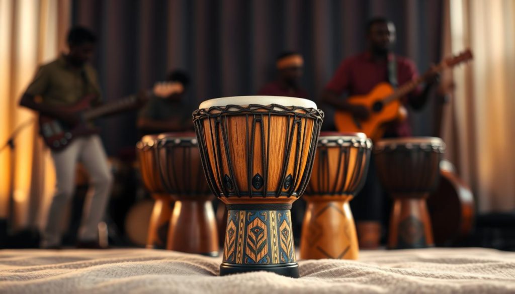 A beautifully crafted djembé drum, showcasing intricate carvings and vibrant colors, prominently placed in the foreground. The drum is positioned on a soft, textured surface to highlight its natural wood finish. In the background, blurred silhouettes of musicians resonate with the drum's tones, evoking feelings of rhythm and tradition. Soft, warm lighting enhances the wood grain and creates gentle shadows, adding depth. The focus is on the djembé's varying sizes – 12, 14, and 16 inches – subtly represented in a harmonious arrangement around it, each reflecting its unique sound characteristics. Aim for a captivating atmosphere that celebrates the essence of the djembé, emphasizing its emotional connection through sound.