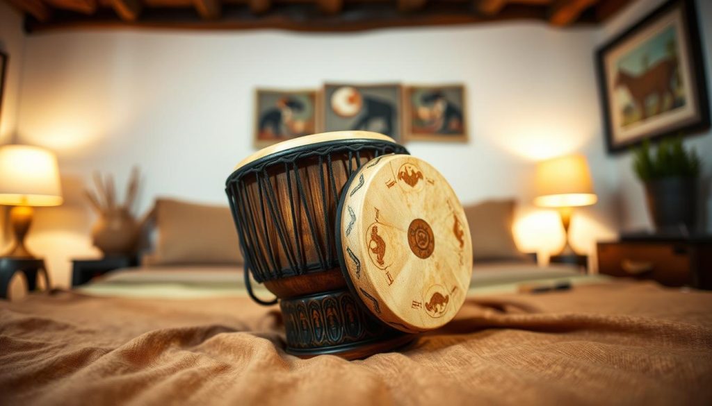 A beautifully crafted traditional djembé, showcasing intricate carvings and a natural skin drumhead, rests prominently in the foreground. The middle ground features a soft, rustic fabric, rich in earthy tones, complementing the drum's craftsmanship. In the background, a warm, softly illuminated room hints at a cultural setting, perhaps with glimpses of traditional African art on the walls. The lighting is ambient, creating a cozy atmosphere, enhancing the textures of the wood and skin. The angle captures the djembé slightly from the side, emphasizing its curves and details, inviting beginners to appreciate its authenticity. The mood is warm and inviting, perfect for a beginner's exploration of choosing between traditional and modern djembés.