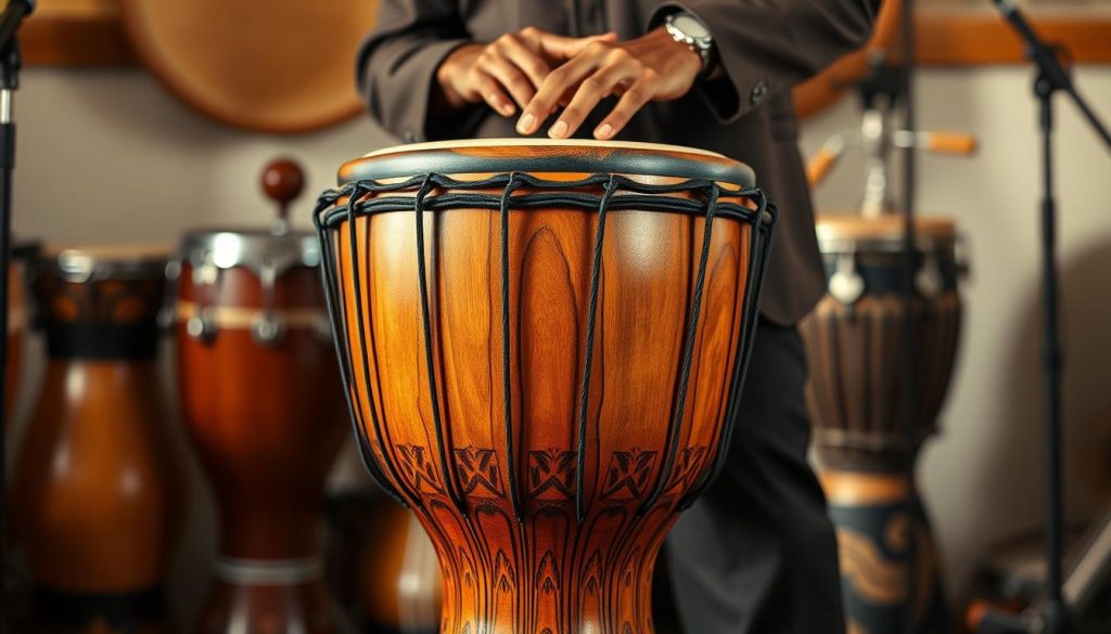 A beautifully crafted wooden djembé drum, showcasing rich grain patterns and intricate carvings. The djembé stands in the foreground, positioned slightly off-center to create visual interest. The middle ground features a musician's hands, skillfully tapping on the drum, emphasizing the connection between the instrument and its sound. Soft, warm lighting bathes the scene, casting subtle shadows that highlight the drum's texture and depth. In the background, a blurred ensemble of traditional African instruments hints at the cultural origins of the djembé, adding context without distracting from the main subject. The atmosphere is vibrant and inviting, suggesting a lively, rhythmic performance that captures the essence of wooden percussion instruments.