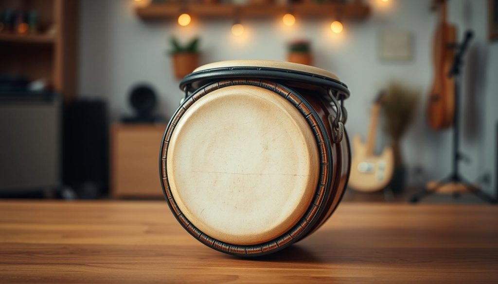 A close-up of a 12-inch djembé drum, showcasing its compact and lightweight design. The drum is made from rich, dark wood with intricate carvings that emphasize its craftsmanship. The drumhead is tensioned and features a textured surface made of natural goat skin, glistening subtly under soft, warm lighting. In the foreground, place the djembé against a smooth wooden surface. The background is softly blurred, hinting at a cozy, inviting music room with soft ambient lighting and a few musical accessories like drumsticks and a small music stand. The overall atmosphere is warm and inspirational, suggesting a perfect environment for beginners to explore their rhythm and musical journey.