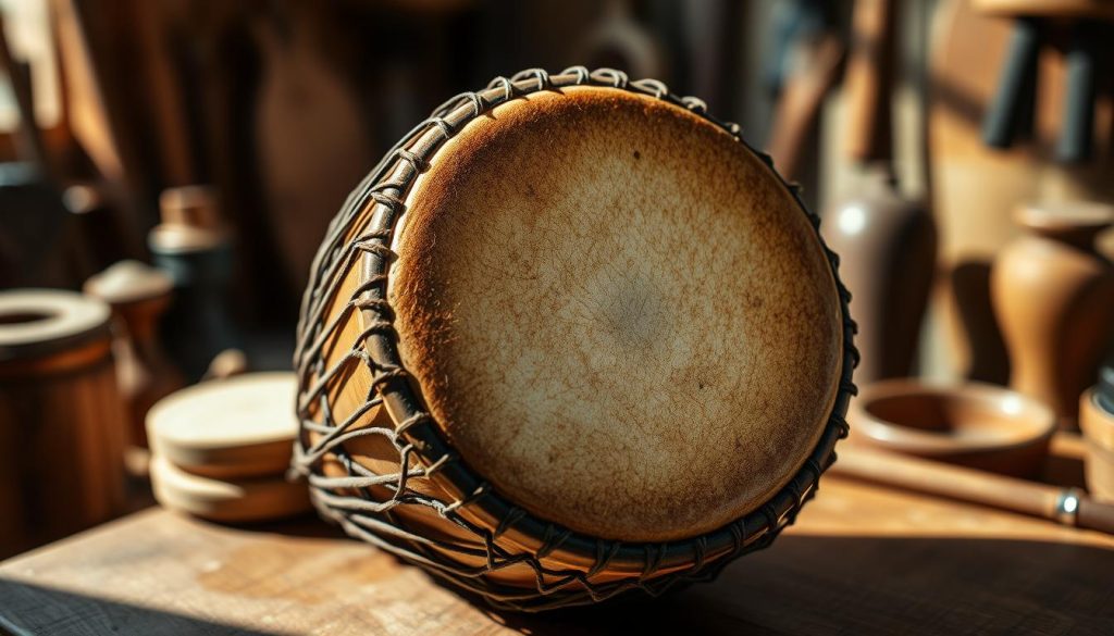 A close-up view of a beautifully crafted djembé drum with a focus on its intricate peau (skin) head, showcasing the texture and details of the natural fibers. The drum is placed on a wooden surface, surrounded by natural light that highlights its rich, warm tones. Soft shadows accentuate the contours of the drum, conveying a sense of depth. In the background, a blurred workshop scene reveals hints of woodworking tools and other musical instruments, creating an atmosphere of craftsmanship and care. The lens should capture the image from a slightly elevated angle, emphasizing the round shape of the drum and the quality of its materials. The overall mood is one of reverence for traditional musical craftsmanship and the importance of maintaining the drum's sound and appearance over time.