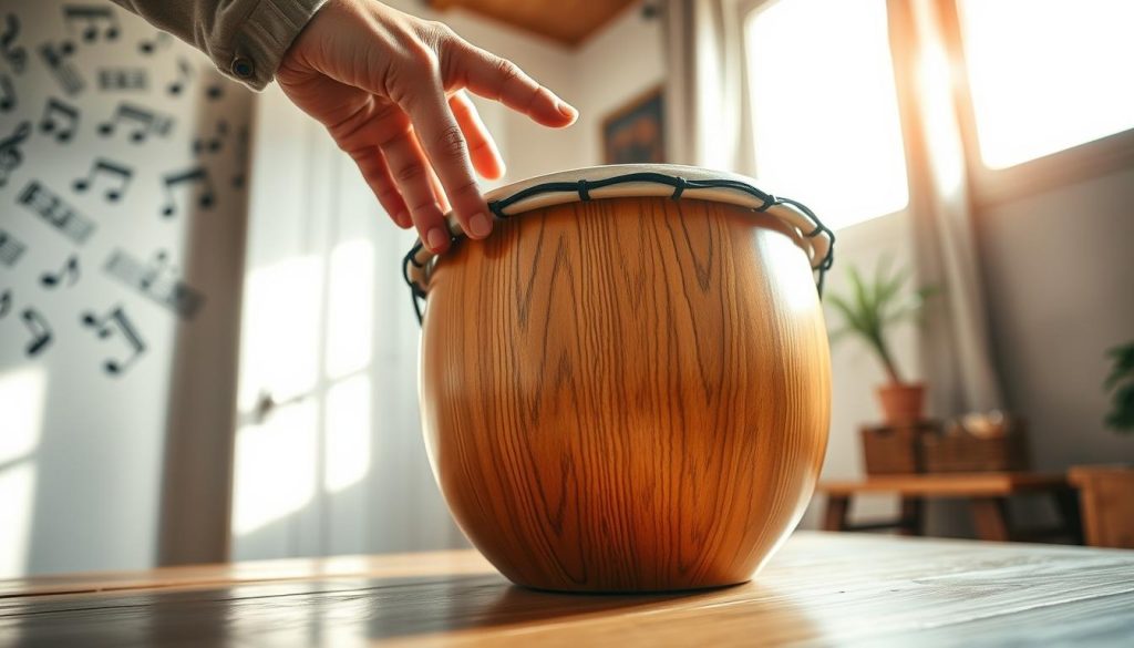 A close-up view of a budget djembé drum, highlighting its natural wood grain with a warm finish. The djembé is set on a wooden surface, capturing its round shape and distinct carved patterns. The background features a soft focus of a cozy, well-lit room with musical notes adorning the walls, evoking a creative atmosphere. Natural light streams in from a nearby window, casting gentle shadows and emphasizing the texture of the drum. A hand, adorned in simple, modest attire, reaches towards the djembé, suggesting interaction and playfulness. The mood is inviting and inspiring, perfect for musicians and those exploring affordable yet quality percussion options.
