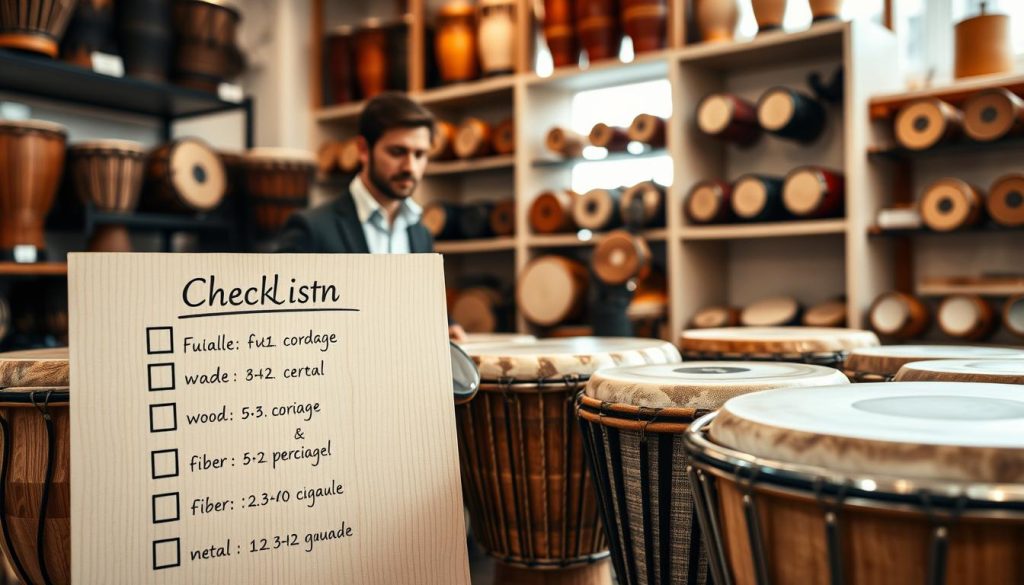 A detailed checklist for evaluating the quality of a djembe, displayed in an inviting music shop environment. In the foreground, a wooden checklist with bullet points clearly visible, focusing on aspects like 'fût', 'peau', 'cordage', and 'cerclage'. The checklist is surrounded by traditional djembes made of wood, fiber, and metal, each showcasing their unique textures. In the middle ground, a professional person dressed in casual business attire inspects a djembe, utilizing a magnifying glass to examine the materials closely. The background features shelves filled with various percussion instruments, lit warmly to create a welcoming atmosphere. Natural light streams in through a window, emphasizing the craftsmanship of each drum. Overall, the scene conveys a sense of care and attention to quality in musical instrument selection.