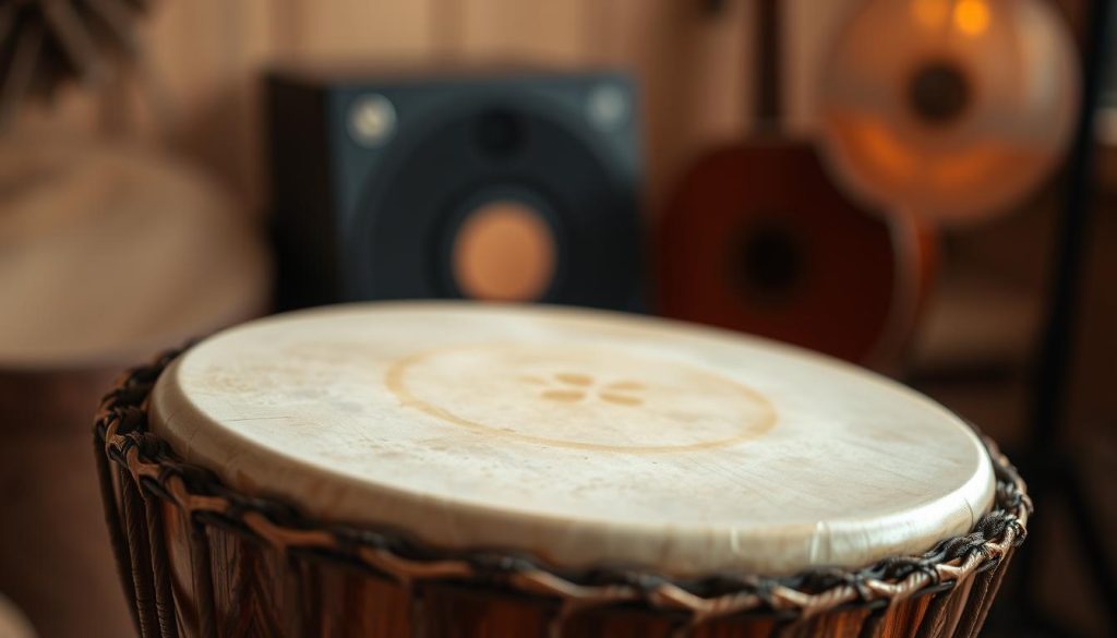 A detailed close-up of a traditional djembé drum with a focus on its natural or synthetic skin, highlighting the texture and tension of the drumhead. In the foreground, display the intricate woodwork of the drum, showcasing finely carved patterns. In the middle ground, emphasize the skin stretched tautly over the rim, capturing the play of light and shadow as it reflects different shades of cream and tan. The background should feature a blurred but warm and inviting atmosphere, hinting at a cozy music studio or outdoor setting. Use soft, natural lighting to create a serene and authentic mood, as if inviting the viewer to appreciate the craftsmanship and the rich sound it produces. The composition should draw the eye towards the skin of the drum, evoking a sense of connection to the art of music-making.