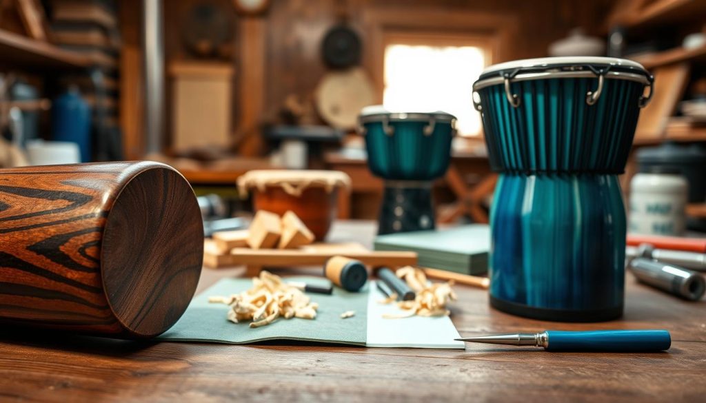 A detailed close-up of high-quality djembé materials spread across a wooden surface. In the foreground, showcase a polished mahogany djembé with rich, dark brown hues revealing the wood grain texture. Beside it, display a vibrant fiberglass djembé in shades of blue and green, emphasizing its sleek, modern finish. The middle ground should contain various tools and materials used in crafting these instruments—wood shavings, fiberglass sheets, and crafting tools—highlighting the artistry involved. In the background, blurred softly, a workshop setting with warm, natural light streaming through a window, casting a homely glow on the materials. The atmosphere should feel inviting and creative, reflecting the intricate choices of materials that impact sound quality in djembés.
