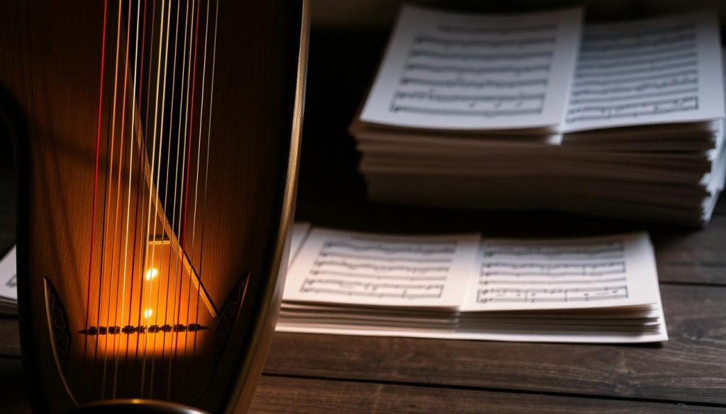A dimly lit Celtic harp resting on a wooden surface, its strings gently illuminated by warm, soft lighting. The intricate carved details on the harp's body and soundboard stand out, hinting at the instrument's rich cultural heritage. In the background, a blurred image of stacked sheet music pages suggests a collection of freely available Celtic harp scores. The overall atmosphere evokes a sense of reverence and appreciation for the beauty of this traditional instrument.