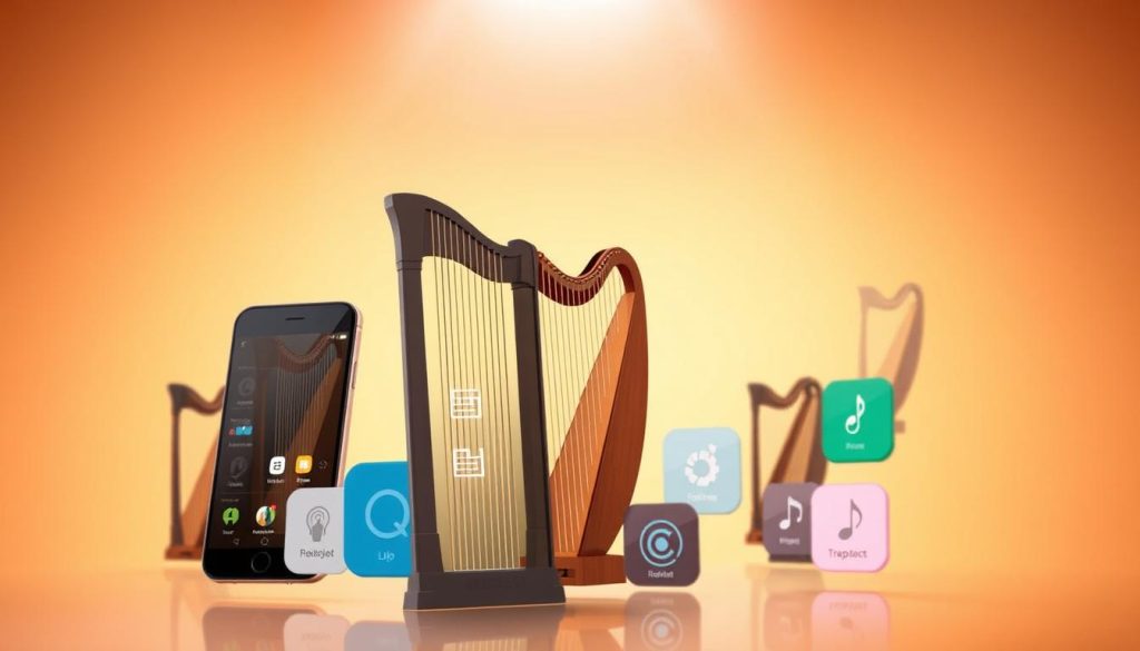 A group of harp-shaped mobile applications and interactive tools float against a warm, inviting background. The harp icons are rendered in a clean, modern style, displaying various features and functionalities. The foreground showcases the primary applications, arranged in a visually appealing layout, while the background features a softly blurred, pastel-toned gradient, creating a serene, contemplative atmosphere. Subtle lighting from above casts a gentle glow, accentuating the sleek, digital aesthetic. The overall composition conveys the idea of a comprehensive suite of digital resources tailored for harpists, allowing them to explore and engage with their craft in an immersive, technology-driven way.