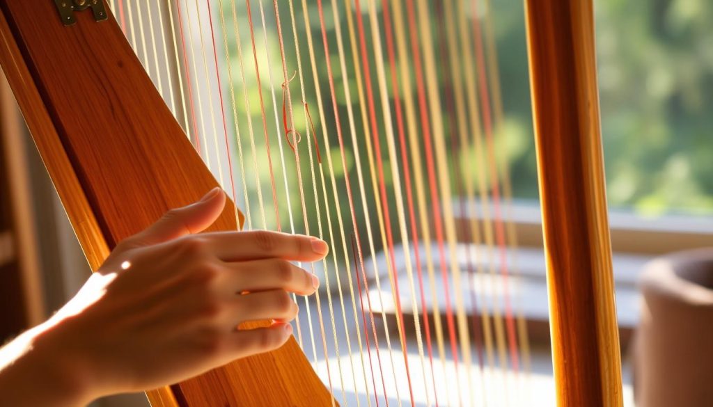 A harp's strings, delicately plucked, creating a soothing melody. In the foreground, a skilled hand tenderly adjusts and tunes each string, ensuring perfect harmony. The harp's elegant curves and intricate woodwork are illuminated by soft, warm lighting, casting gentle shadows that add depth and texture to the scene. The background is a serene, natural setting, perhaps a cozy studio or a tranquil music room, allowing the viewer to focus on the careful maintenance of this beautiful instrument. The overall mood is one of tranquility, artistry, and reverence for the craft of harp maintenance.
