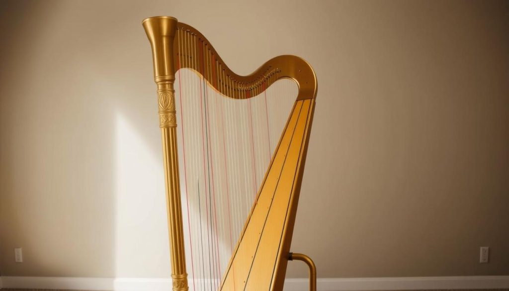 A professional-grade harp stands elegantly in a well-lit, spacious room. Its golden frame and taut strings glimmer under warm, diffused lighting, casting a soft, inviting glow. The harp is placed on a sturdy, custom-built storage rack, designed to support its weight and maintain its delicate shape. The background features muted, neutral tones, allowing the harp to be the focal point. The overall scene conveys a sense of care, attention to detail, and a reverence for the instrument's craftsmanship and heritage.