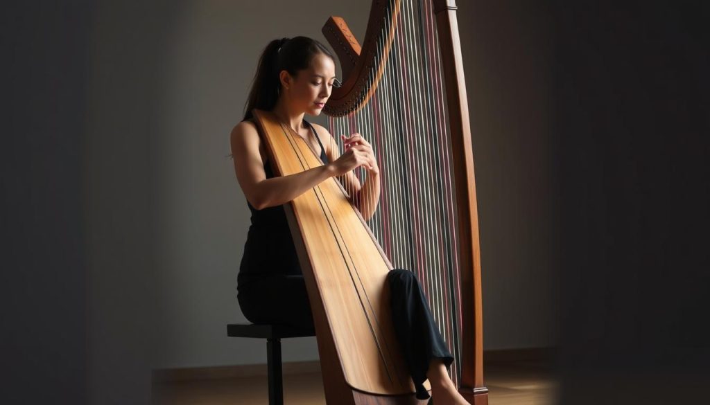 A professional harp player with perfect posture, performing with grace and elegance. They sit upright, feet firmly planted, shoulders relaxed, and hands delicately caressing the strings. The harp is finely crafted, its warm wood tones complementing the player's attire. Soft, directional lighting accentuates the player's form, casting subtle shadows and highlights that enhance the sense of depth and three-dimensionality. The background is subtly blurred, keeping the focus on the technical mastery of the player, who is deeply immersed in the music, their facial expression serene and contemplative.